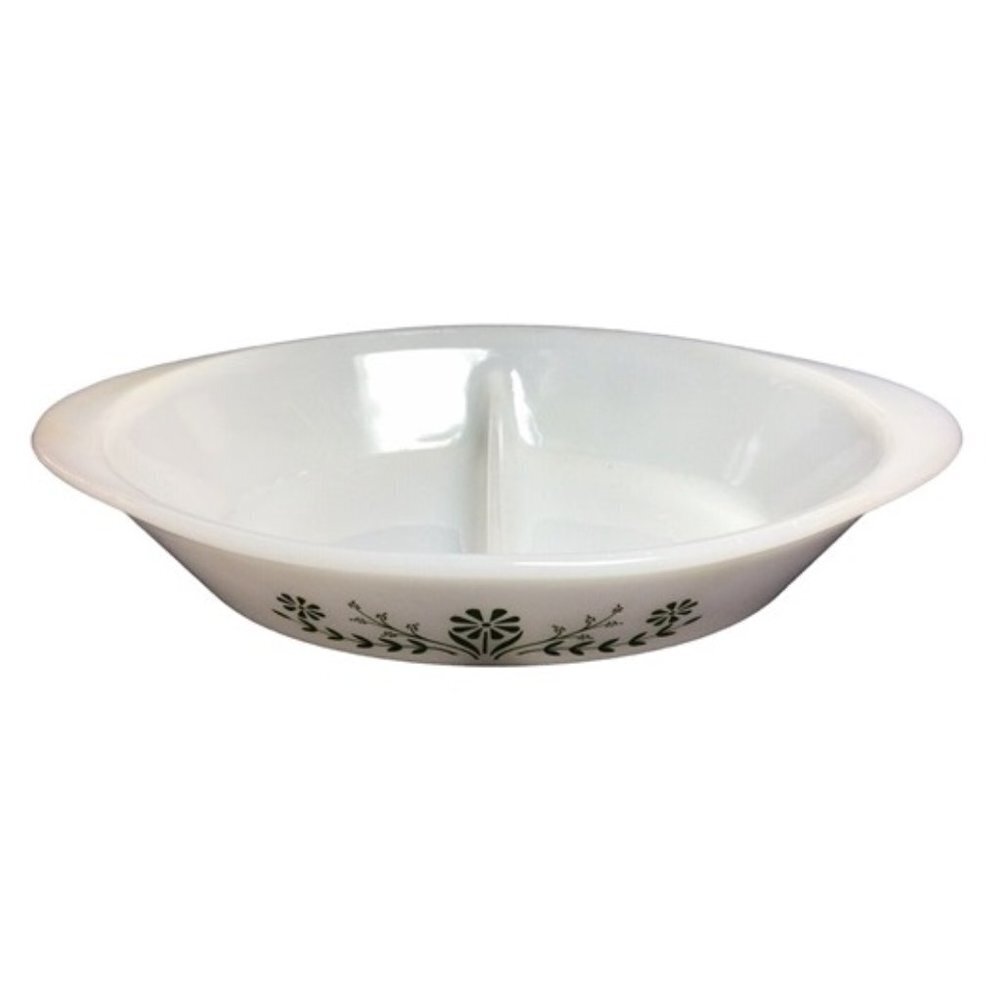 Vintage Glasbake Divided Casserole Serving Dish White Green‎ Crazy Daisy